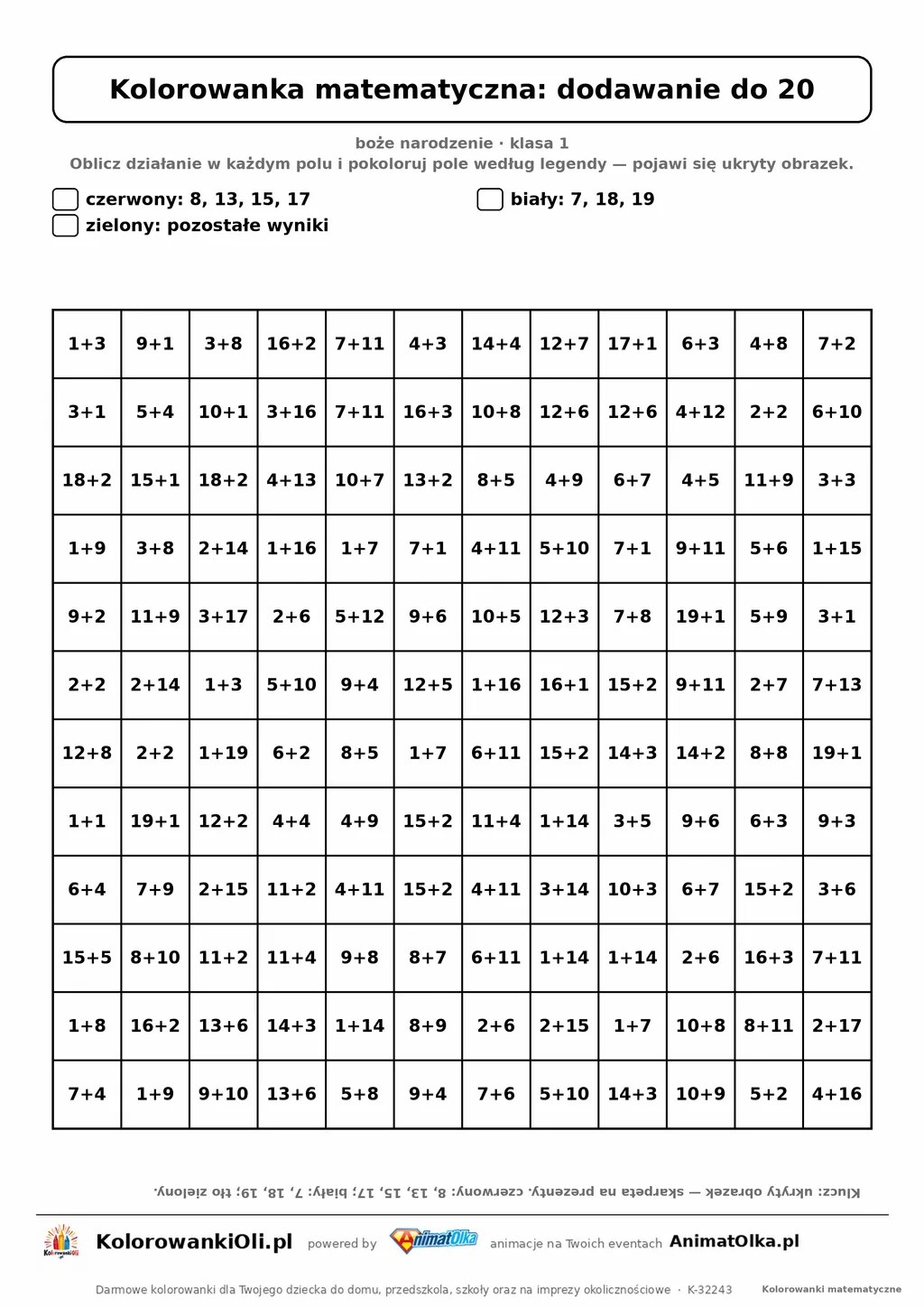 Kolorowanka matematyczna dodawanie do 20 — ukryty obrazek skarpeta na prezenty, siatka 12×12, do druku A4
