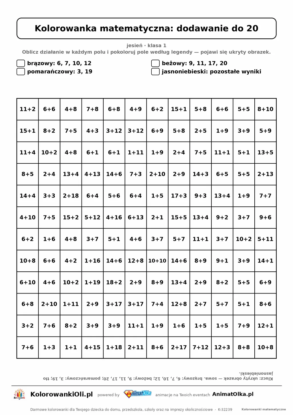 Kolorowanka matematyczna dodawanie do 20 — ukryty obrazek sowa, siatka 12×12, do druku A4