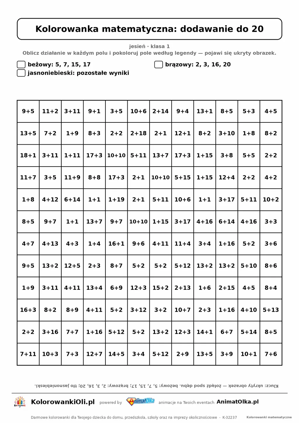 Kolorowanka matematyczna dodawanie do 20 — ukryty obrazek żołądź, siatka 12×12, do druku A4