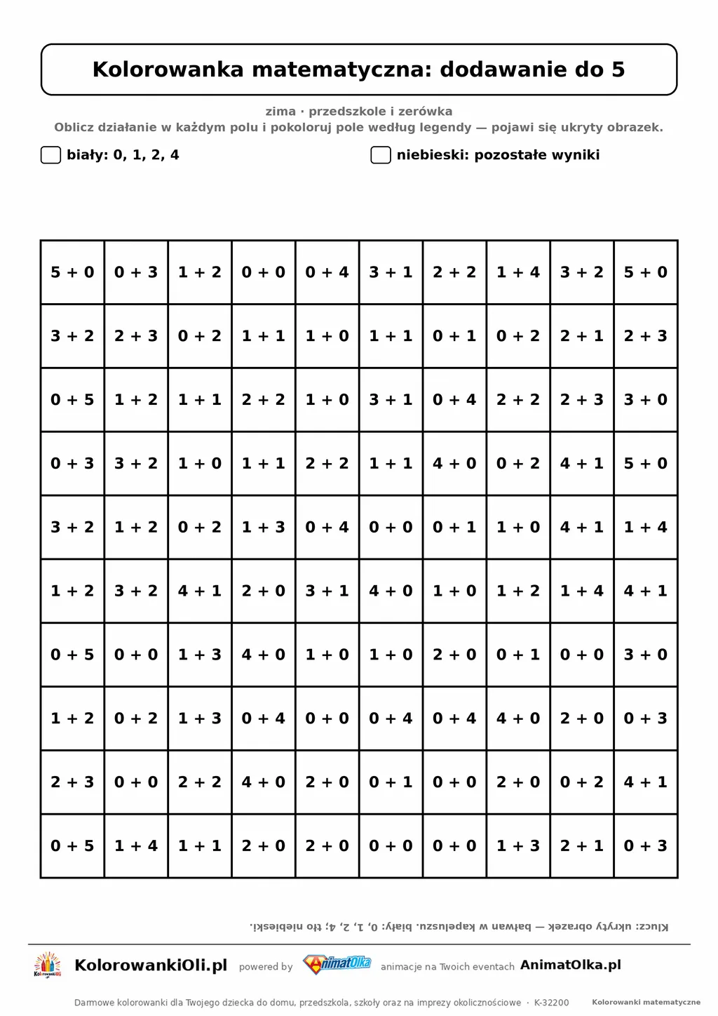 Kolorowanka matematyczna dodawanie do 5 — ukryty obrazek bałwan, siatka 10×10, do druku A4