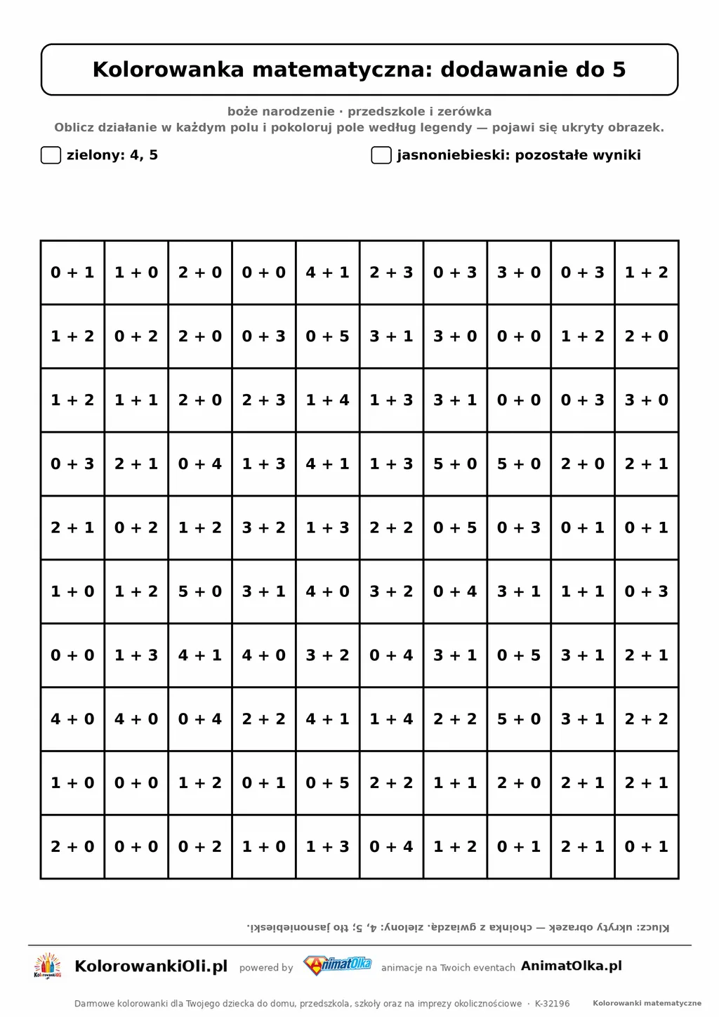 Kolorowanka matematyczna dodawanie do 5 — ukryty obrazek choinka, siatka 10×10, do druku A4