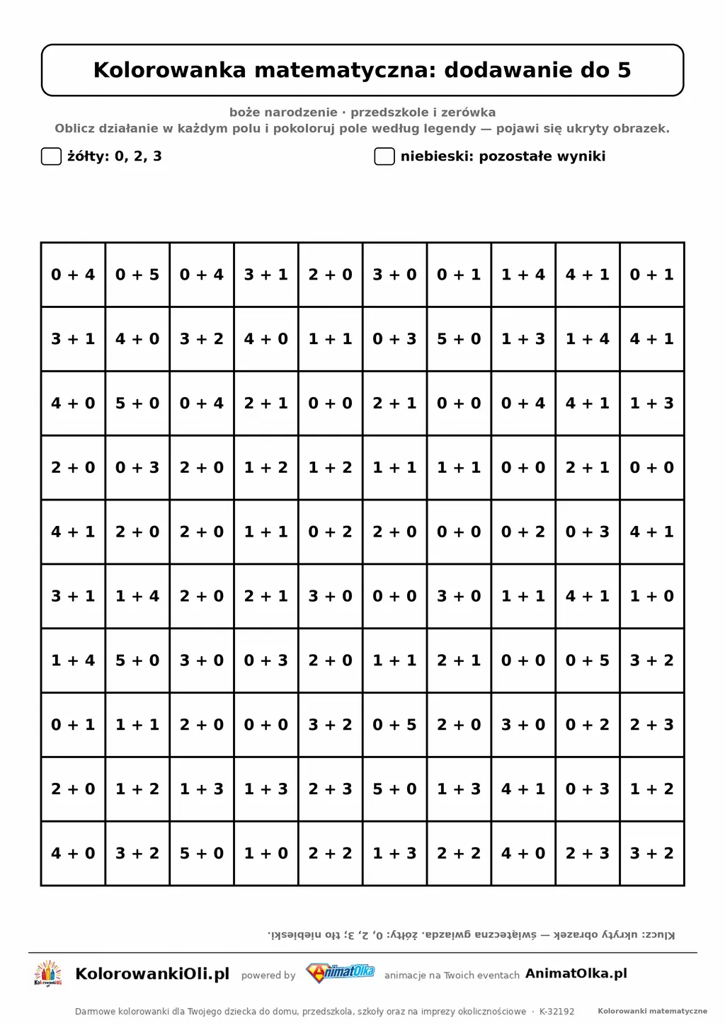 Kolorowanka matematyczna dodawanie do 5 — ukryty obrazek gwiazda, siatka 10×10, do druku A4