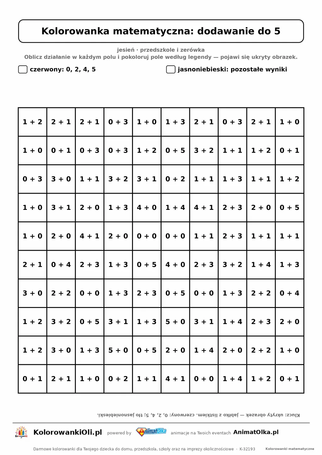 Kolorowanka matematyczna dodawanie do 5 — ukryty obrazek jabłko, siatka 10×10, do druku A4
