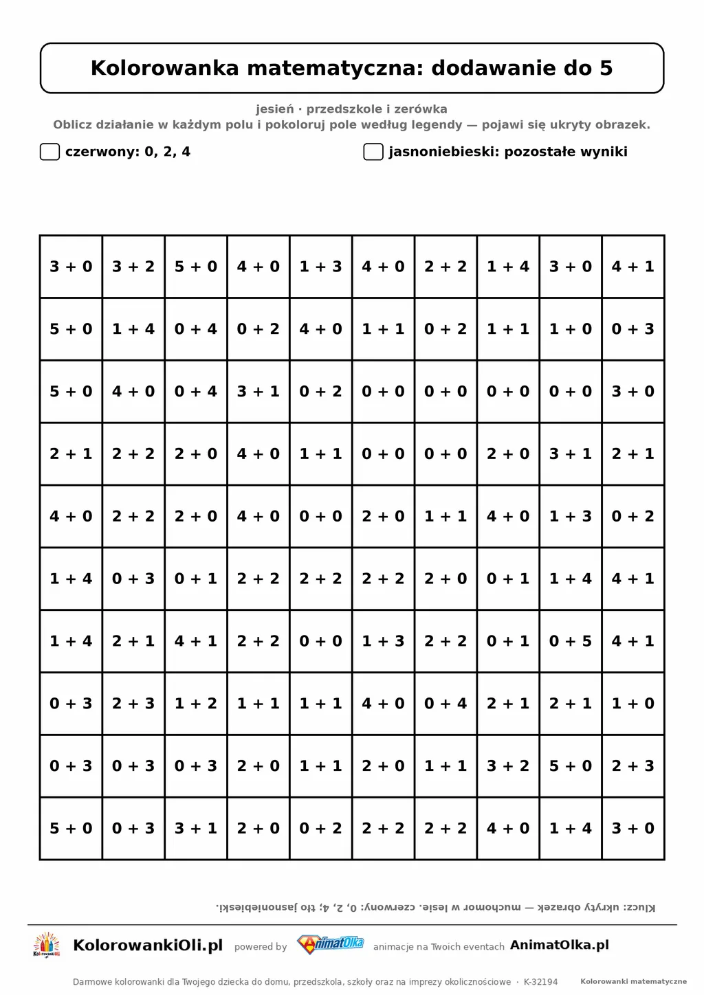 Kolorowanka matematyczna dodawanie do 5 — ukryty obrazek muchomor, siatka 10×10, do druku A4