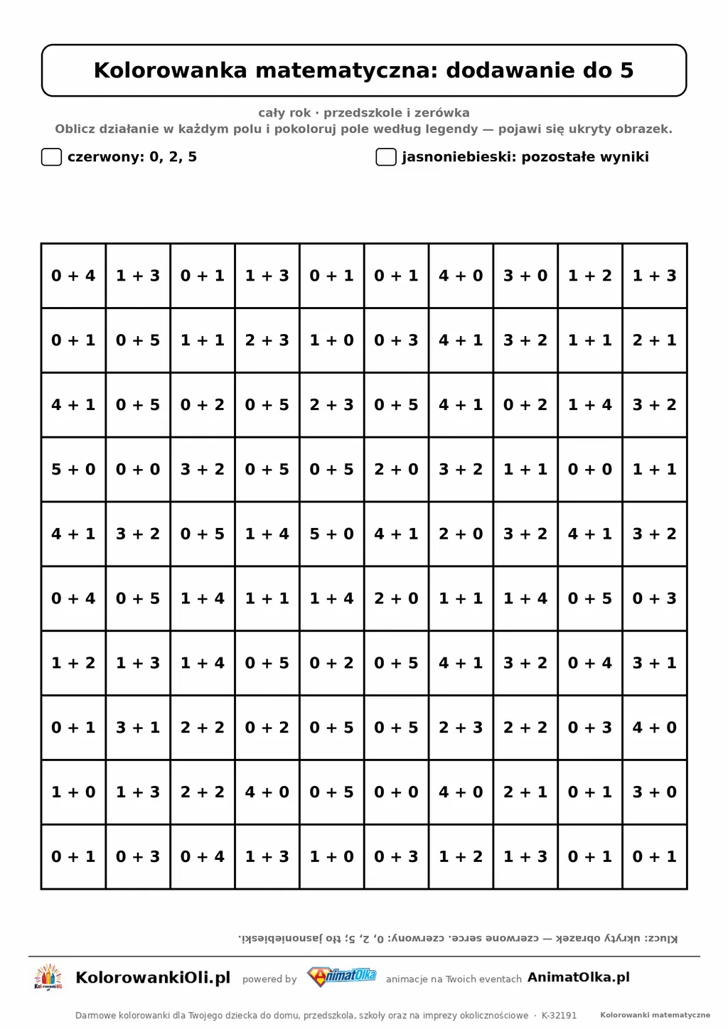 Kolorowanka matematyczna dodawanie do 5 — ukryty obrazek serce, siatka 10×10, do druku A4