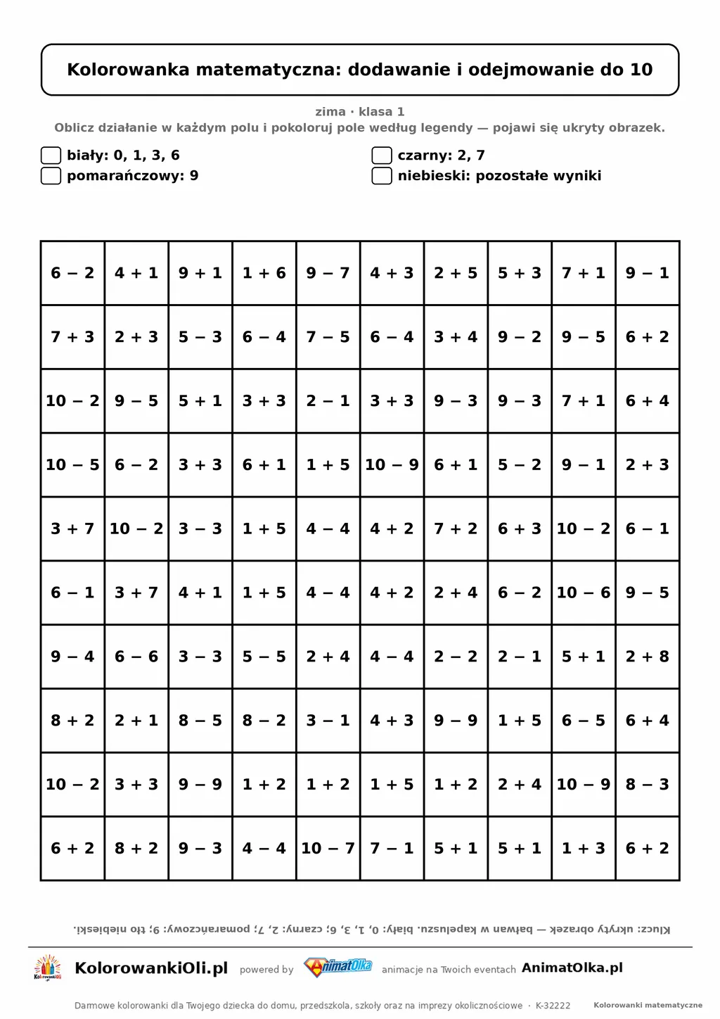 Kolorowanka matematyczna dodawanie i odejmowanie do 10 — ukryty obrazek bałwan, siatka 10×10, do druku A4