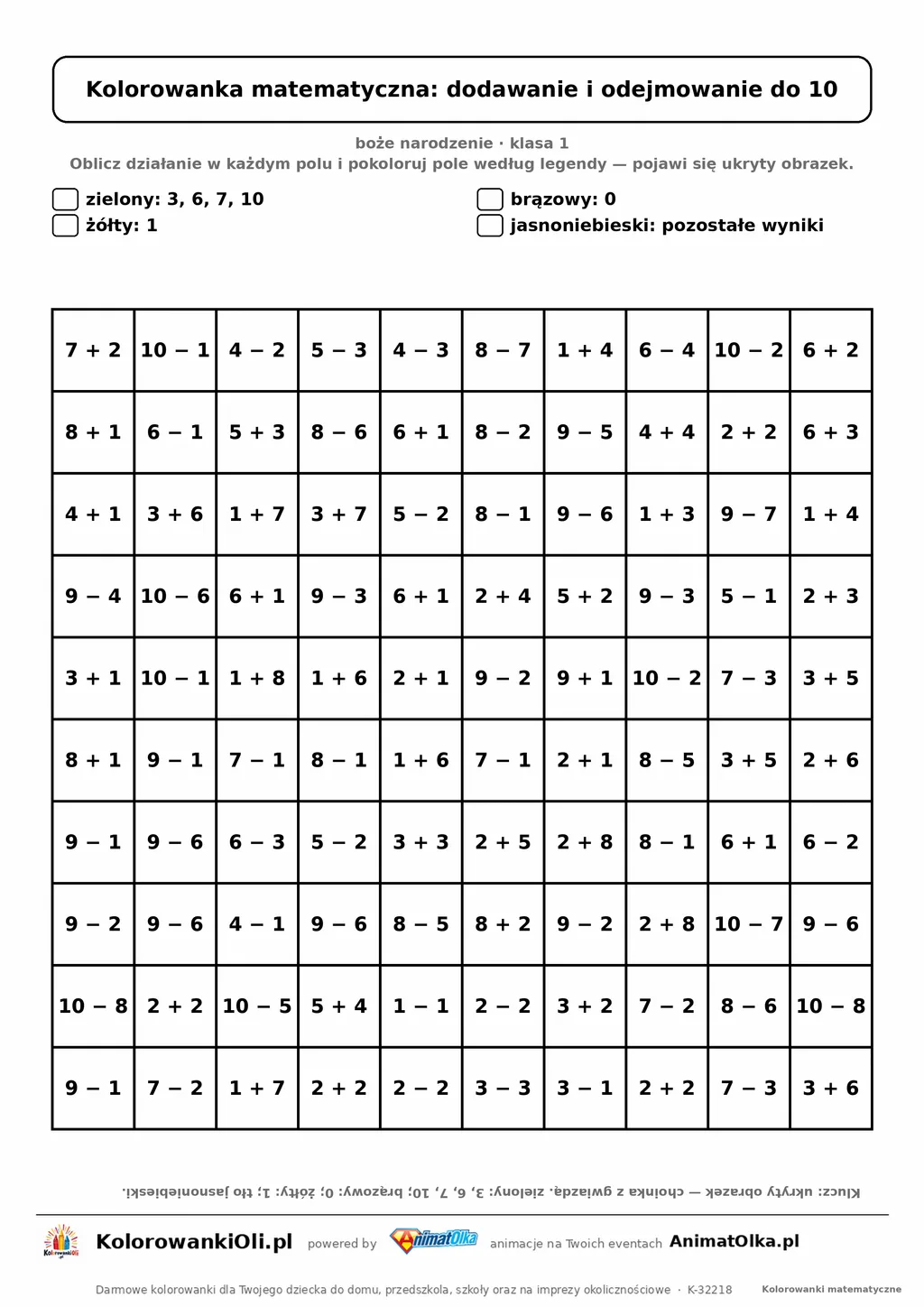 Kolorowanka matematyczna dodawanie i odejmowanie do 10 — ukryty obrazek choinka, siatka 10×10, do druku A4