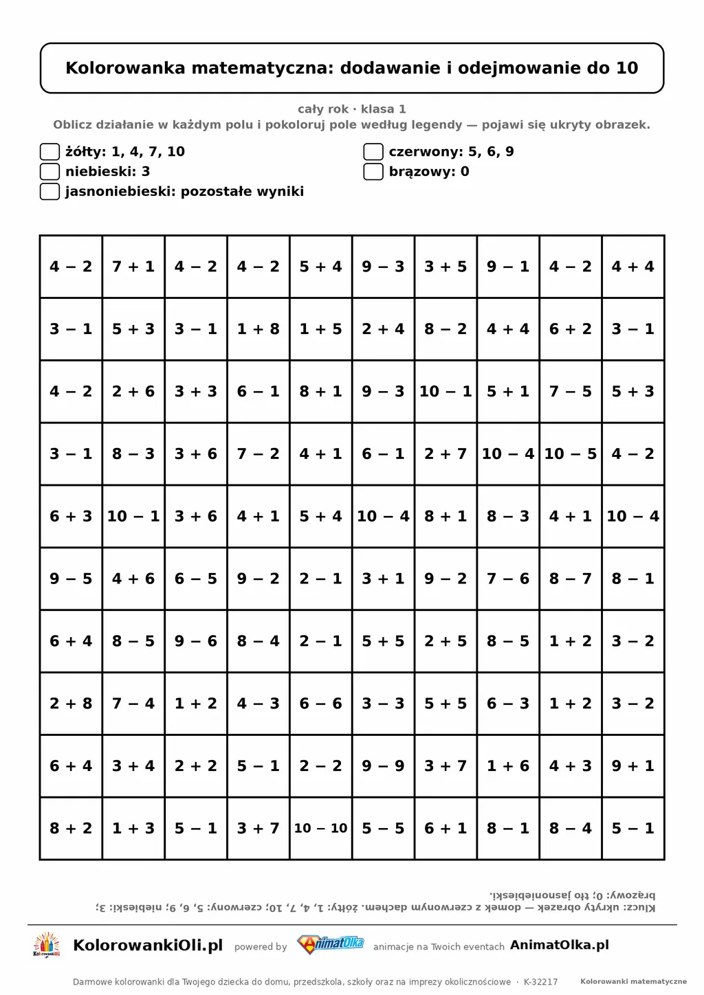 Kolorowanka matematyczna dodawanie i odejmowanie do 10 — ukryty obrazek dom, siatka 10×10, do druku A4