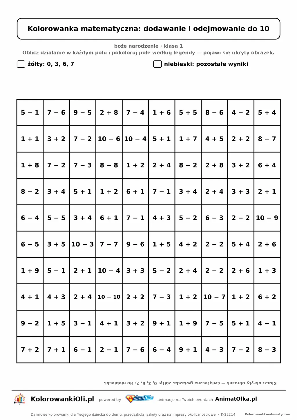 Kolorowanka matematyczna dodawanie i odejmowanie do 10 — ukryty obrazek gwiazda, siatka 10×10, do druku A4