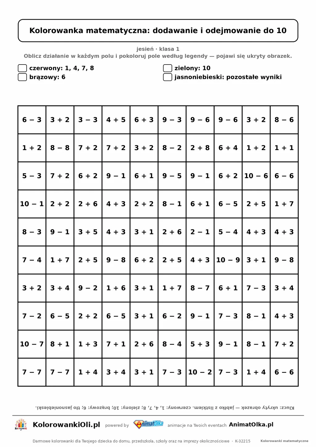 Kolorowanka matematyczna dodawanie i odejmowanie do 10 — ukryty obrazek jabłko, siatka 10×10, do druku A4