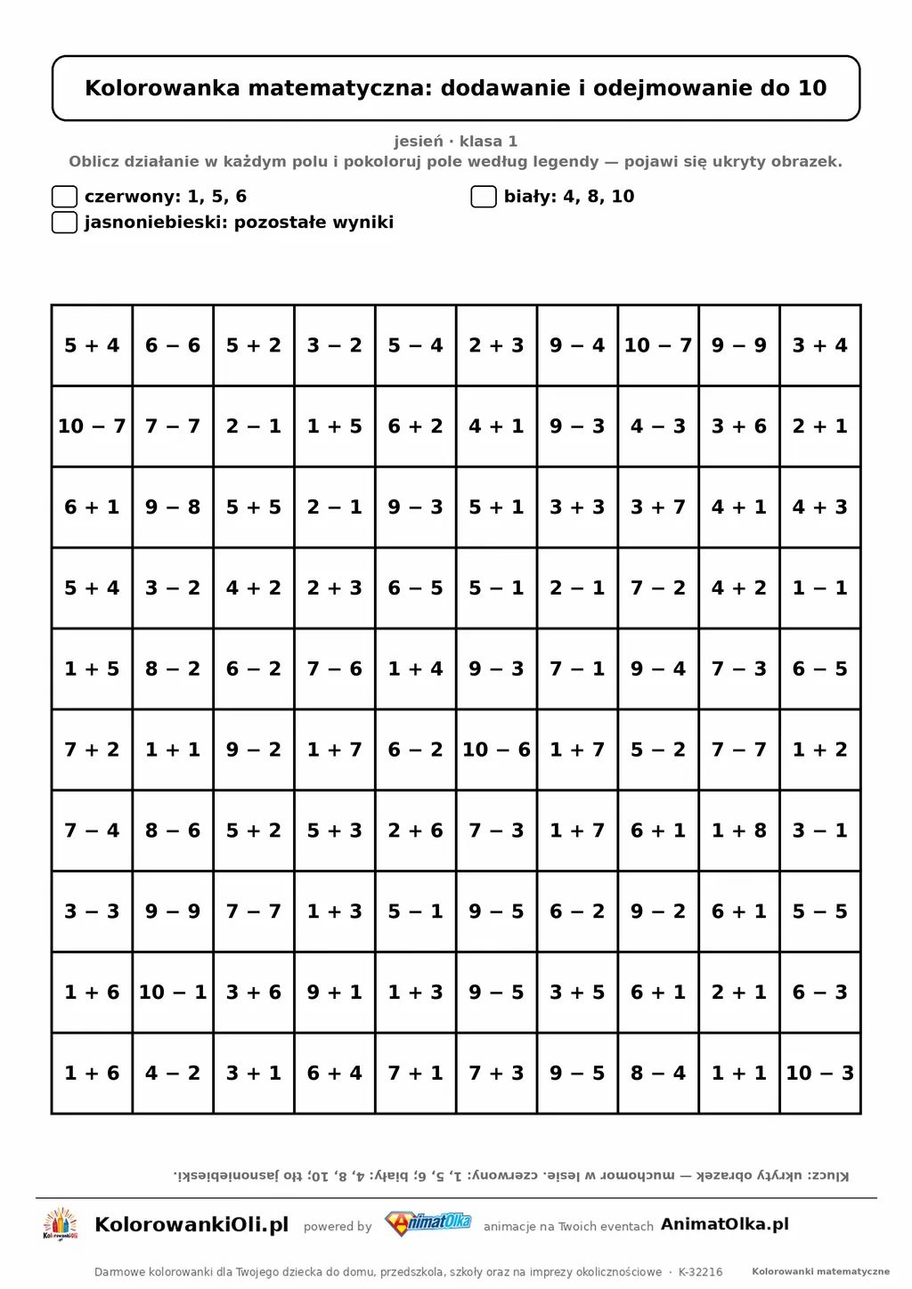 Kolorowanka matematyczna dodawanie i odejmowanie do 10 — ukryty obrazek muchomor, siatka 10×10, do druku A4