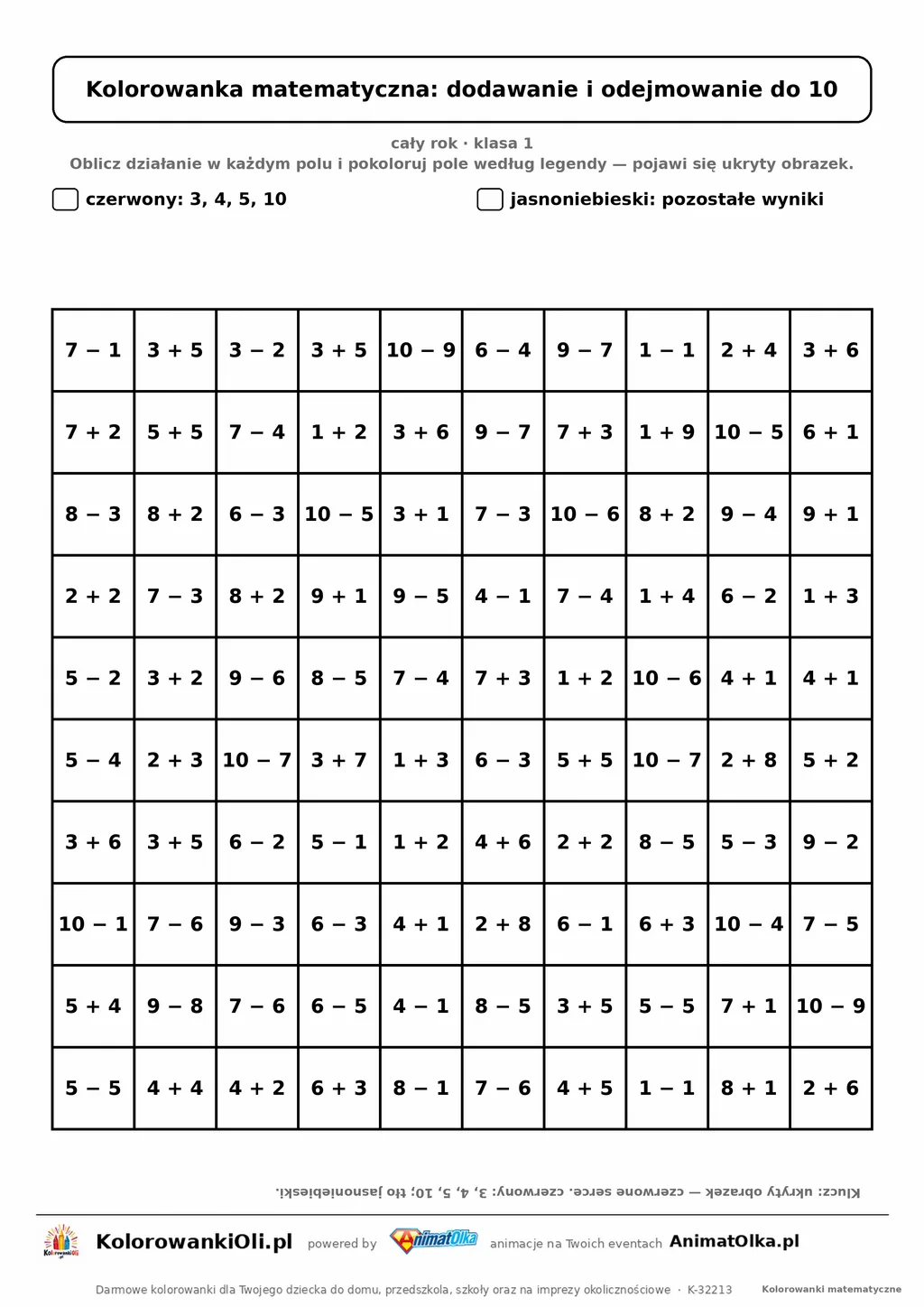 Kolorowanka matematyczna dodawanie i odejmowanie do 10 — ukryty obrazek serce, siatka 10×10, do druku A4