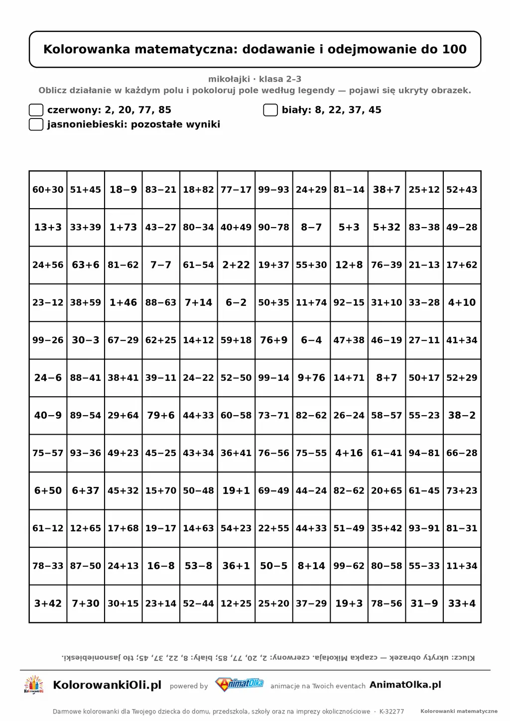 Kolorowanka matematyczna dodawanie i odejmowanie do 100 — ukryty obrazek czapka Mikołaja, siatka 12×12, do druku A4