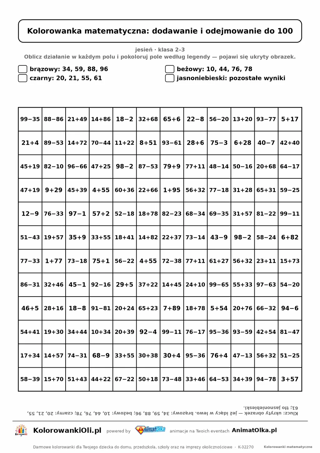 Kolorowanka matematyczna dodawanie i odejmowanie do 100 — ukryty obrazek jeż, siatka 12×12, do druku A4