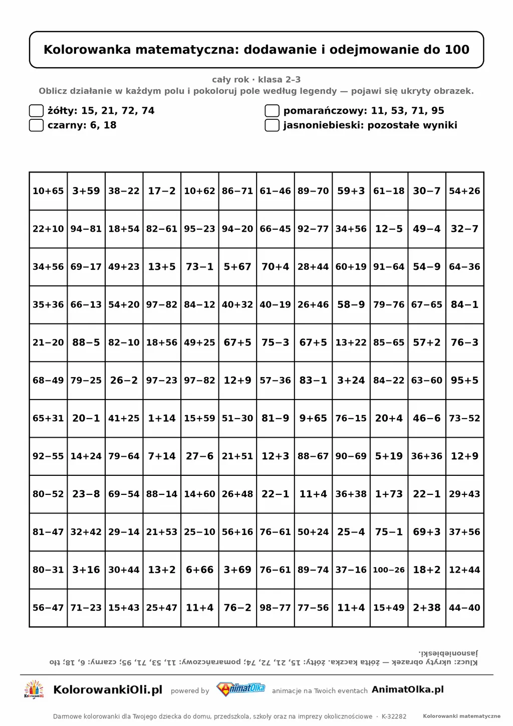 Kolorowanka matematyczna dodawanie i odejmowanie do 100 — ukryty obrazek kaczka, siatka 12×12, do druku A4