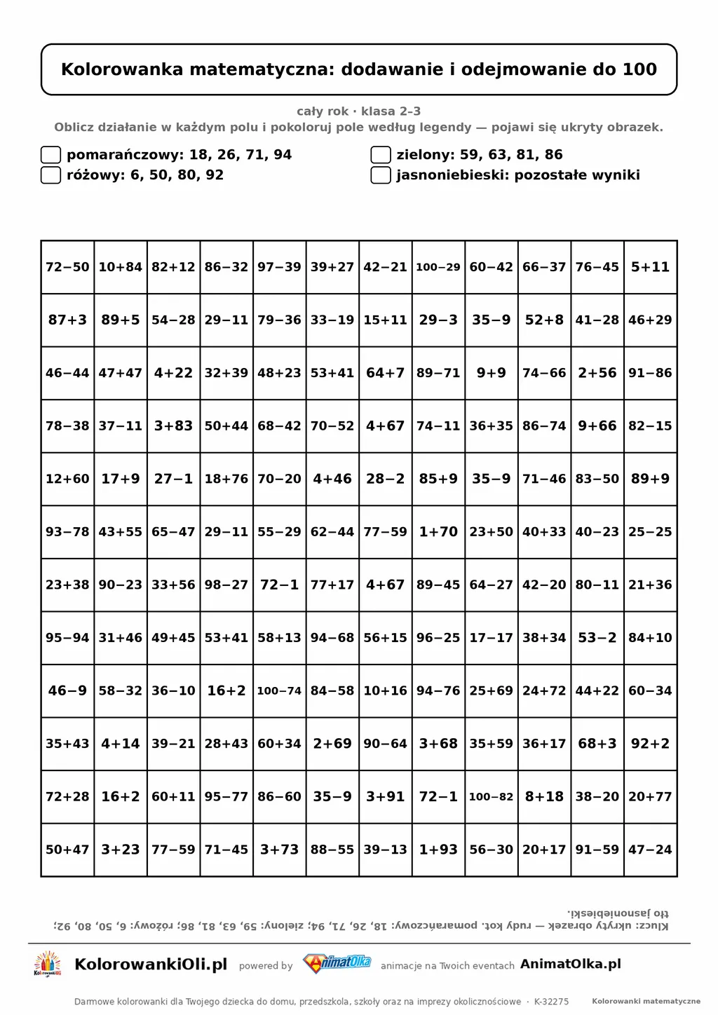 Kolorowanka matematyczna dodawanie i odejmowanie do 100 — ukryty obrazek kot, siatka 12×12, do druku A4