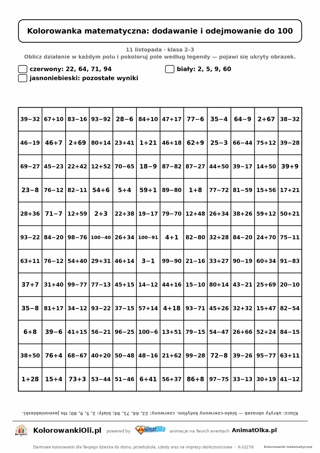 Kolorowanka matematyczna dodawanie i odejmowanie do 100 — ukryty obrazek kotylion, siatka 12×12, do druku A4