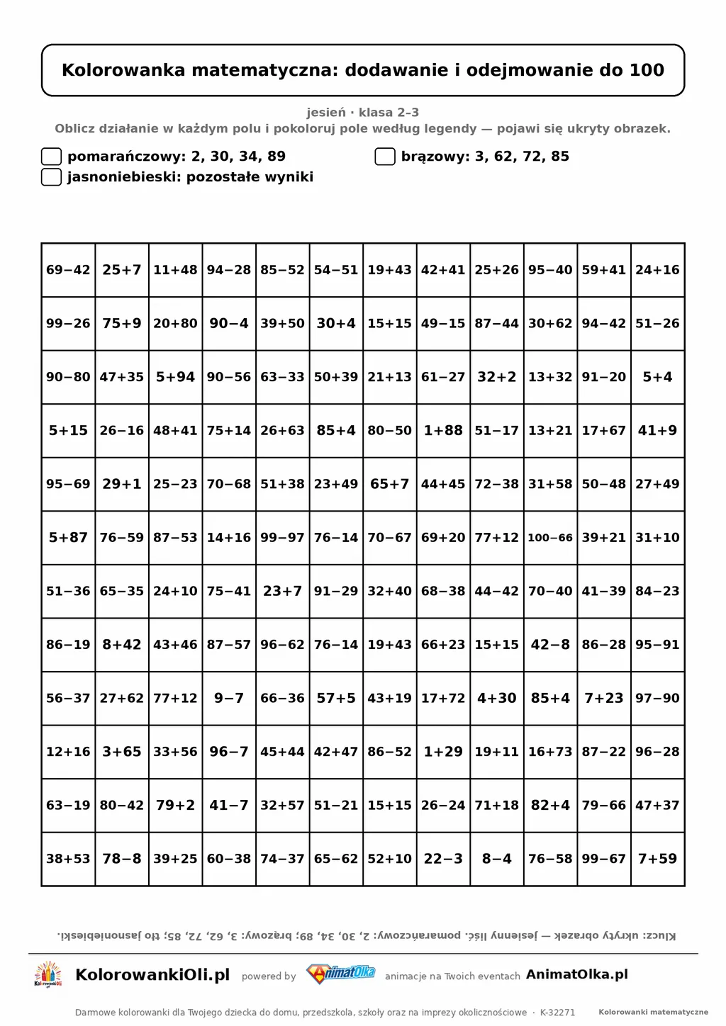 Kolorowanka matematyczna dodawanie i odejmowanie do 100 — ukryty obrazek liść, siatka 12×12, do druku A4