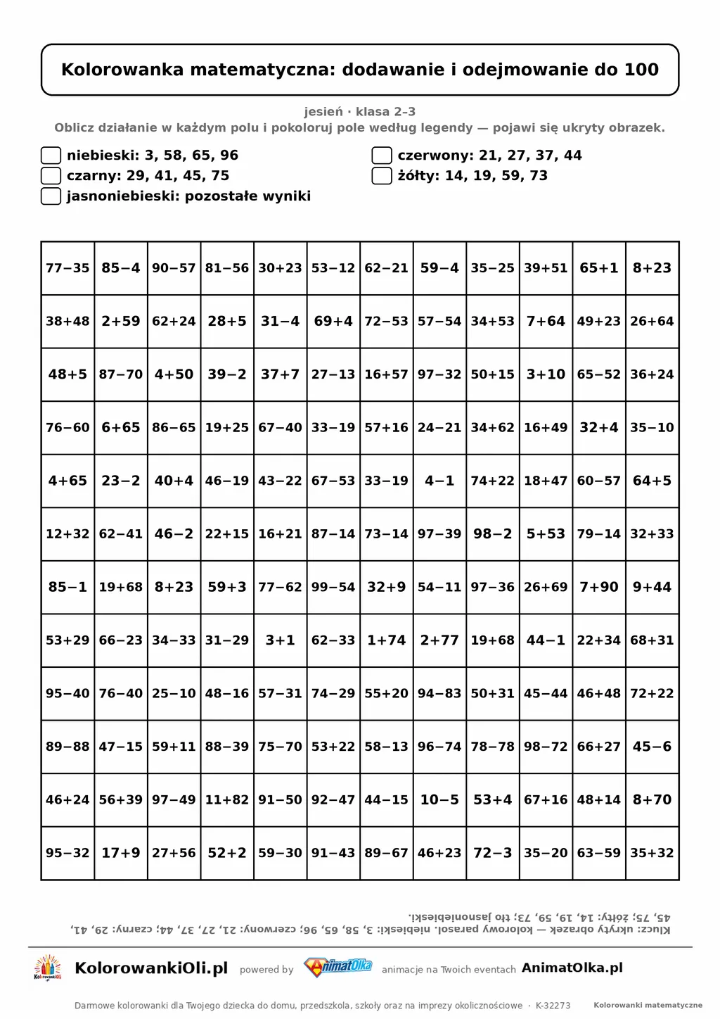 Kolorowanka matematyczna dodawanie i odejmowanie do 100 — ukryty obrazek parasol, siatka 12×12, do druku A4