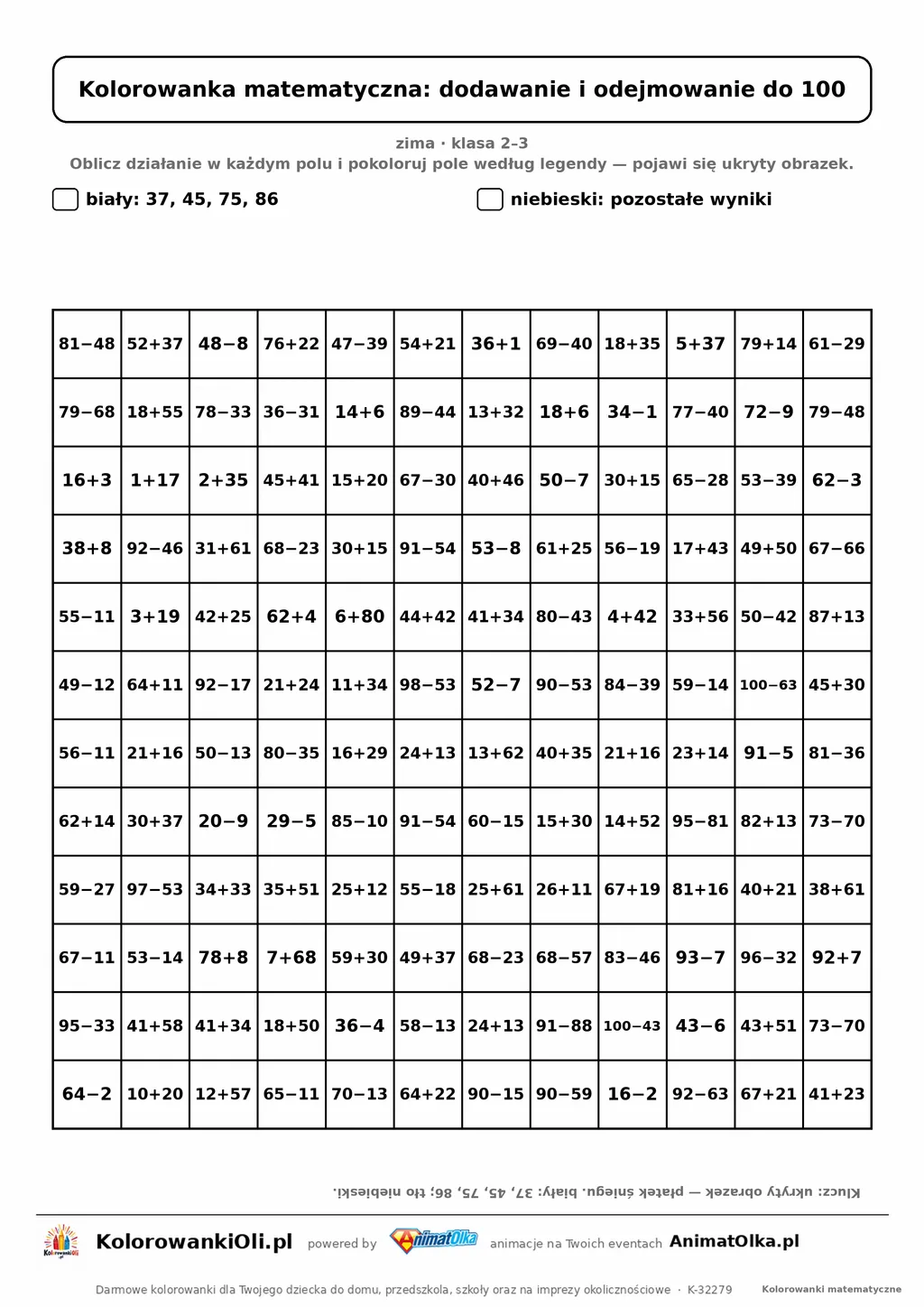 Kolorowanka matematyczna dodawanie i odejmowanie do 100 — ukryty obrazek płatek śniegu, siatka 12×12, do druku A4