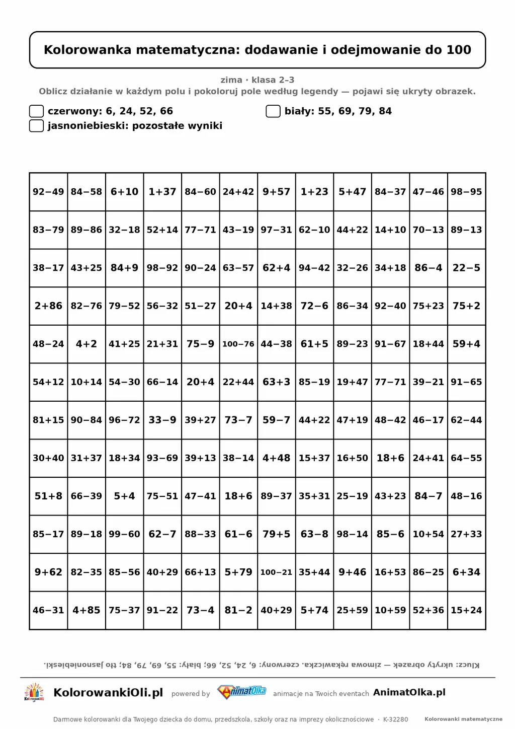 Kolorowanka matematyczna dodawanie i odejmowanie do 100 — ukryty obrazek rękawiczka, siatka 12×12, do druku A4