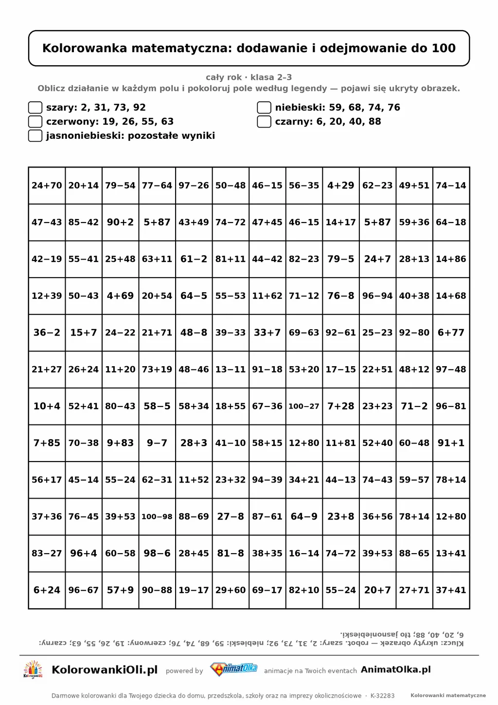 Kolorowanka matematyczna dodawanie i odejmowanie do 100 — ukryty obrazek robot, siatka 12×12, do druku A4