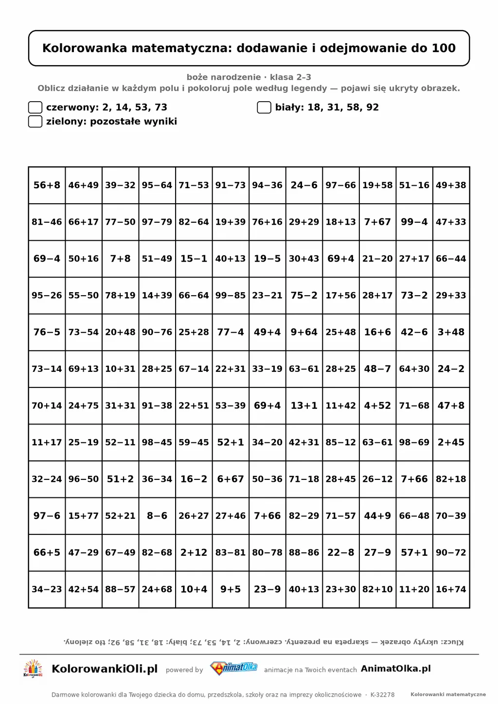 Kolorowanka matematyczna dodawanie i odejmowanie do 100 — ukryty obrazek skarpeta na prezenty, siatka 12×12, do druku A4