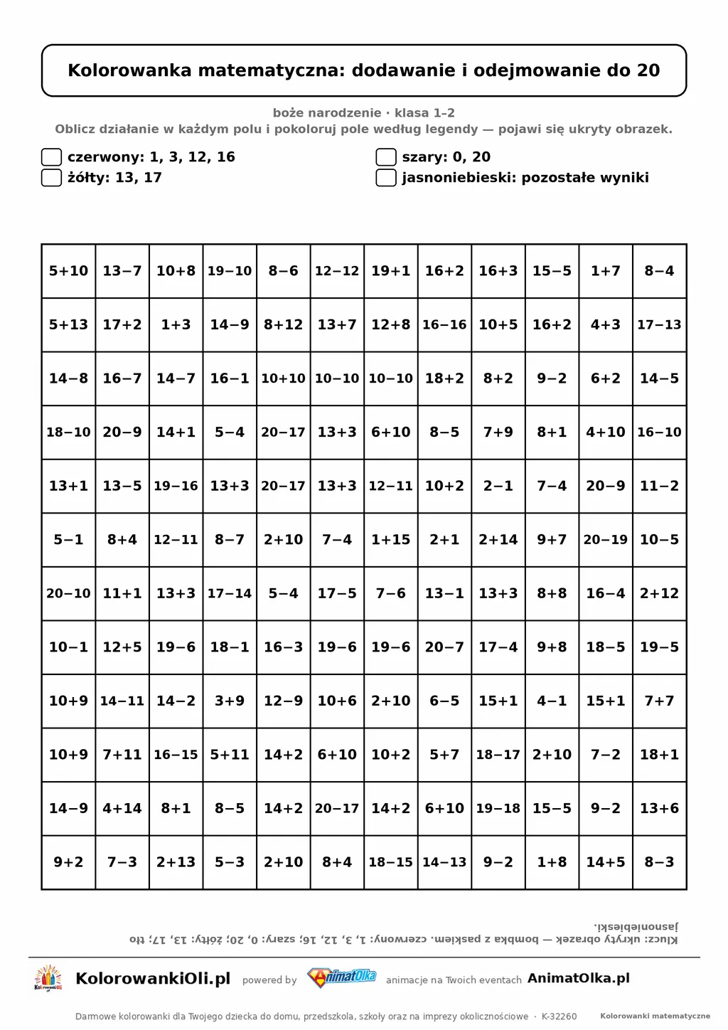 Kolorowanka matematyczna dodawanie i odejmowanie do 20 — ukryty obrazek bombka, siatka 12×12, do druku A4