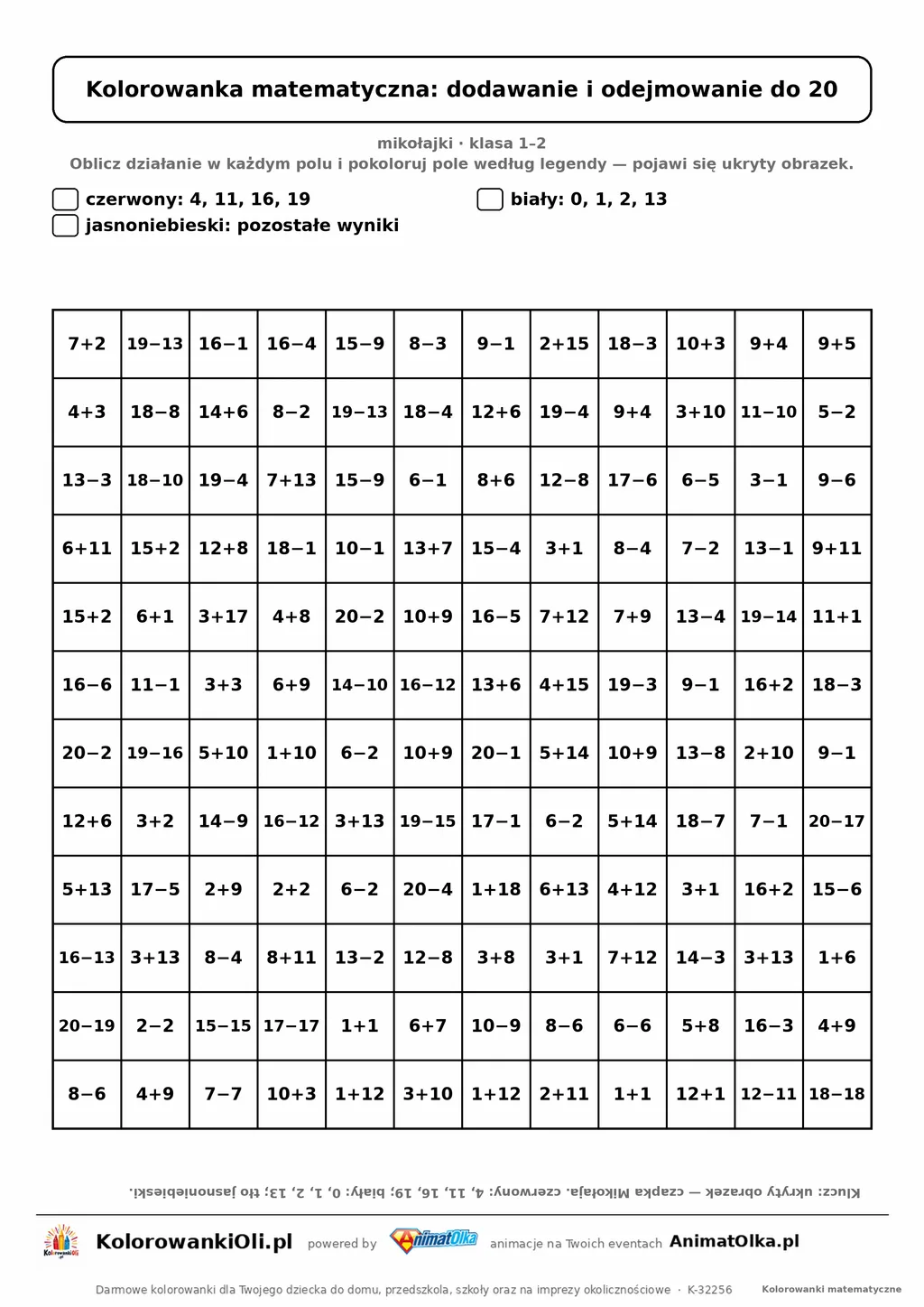 Kolorowanka matematyczna dodawanie i odejmowanie do 20 — ukryty obrazek czapka Mikołaja, siatka 12×12, do druku A4