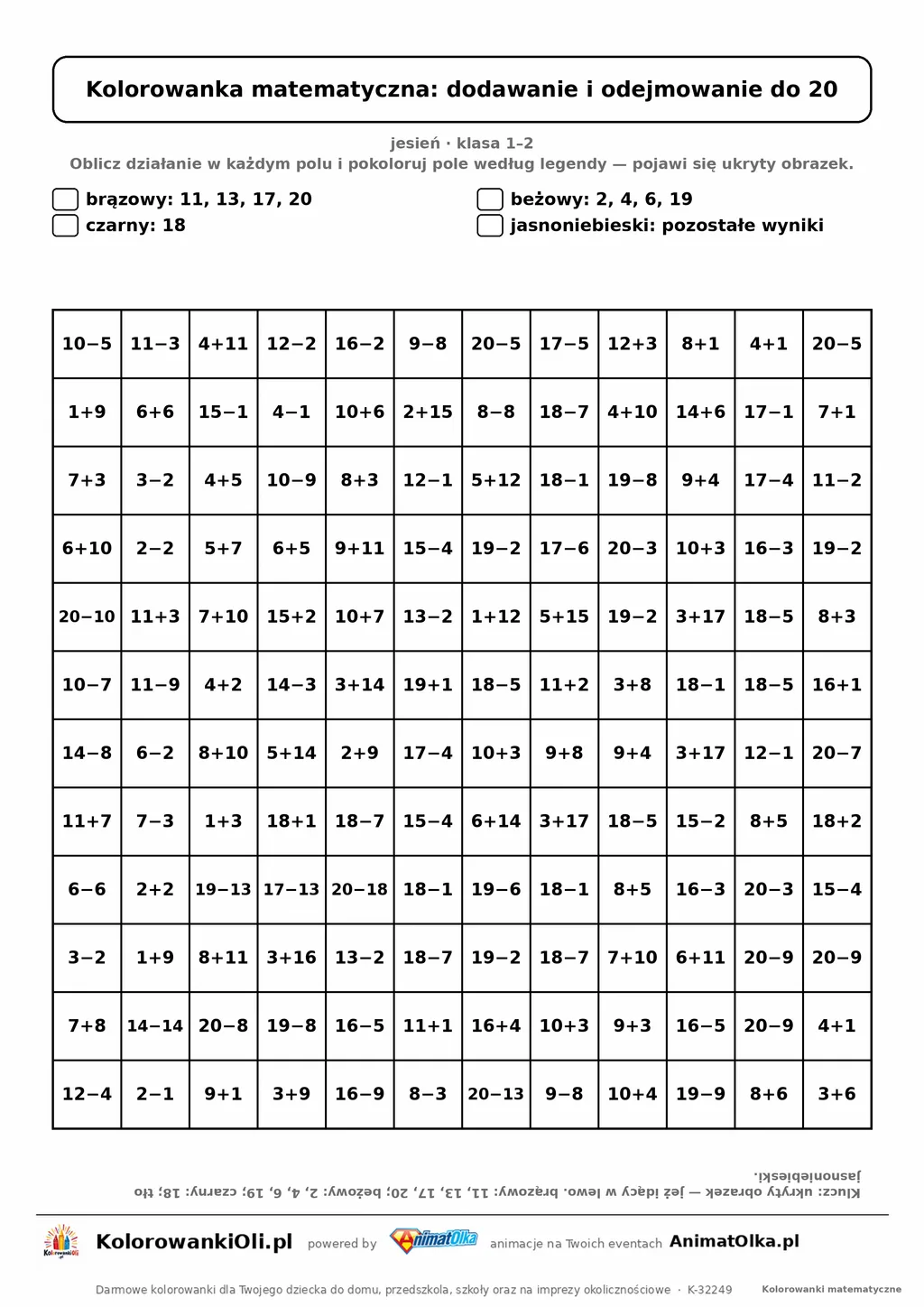 Kolorowanka matematyczna dodawanie i odejmowanie do 20 — ukryty obrazek jeż, siatka 12×12, do druku A4