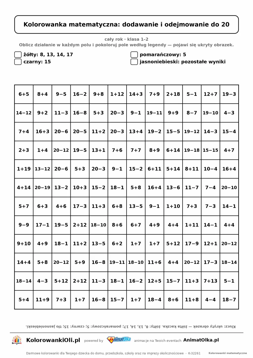 Kolorowanka matematyczna dodawanie i odejmowanie do 20 — ukryty obrazek kaczka, siatka 12×12, do druku A4