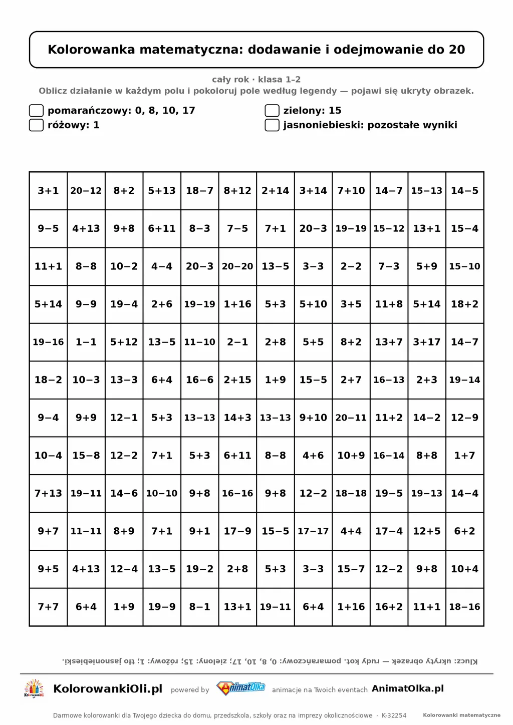 Kolorowanka matematyczna dodawanie i odejmowanie do 20 — ukryty obrazek kot, siatka 12×12, do druku A4