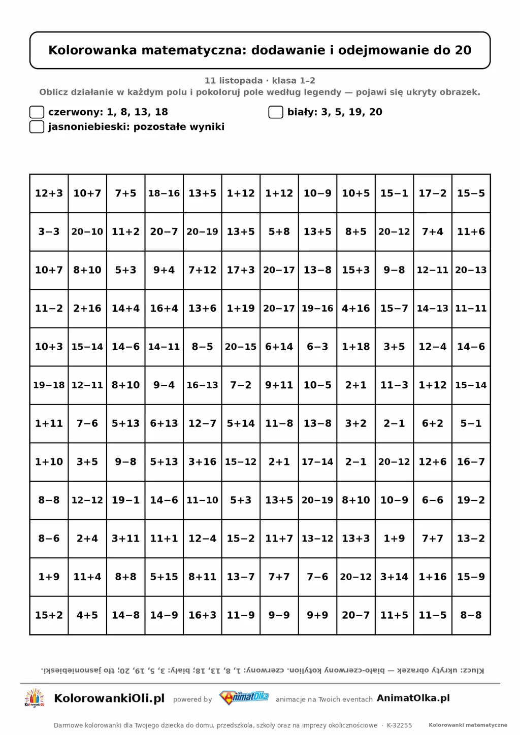 Kolorowanka matematyczna dodawanie i odejmowanie do 20 — ukryty obrazek kotylion, siatka 12×12, do druku A4