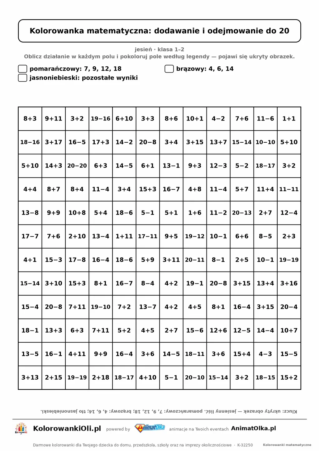 Kolorowanka matematyczna dodawanie i odejmowanie do 20 — ukryty obrazek liść, siatka 12×12, do druku A4