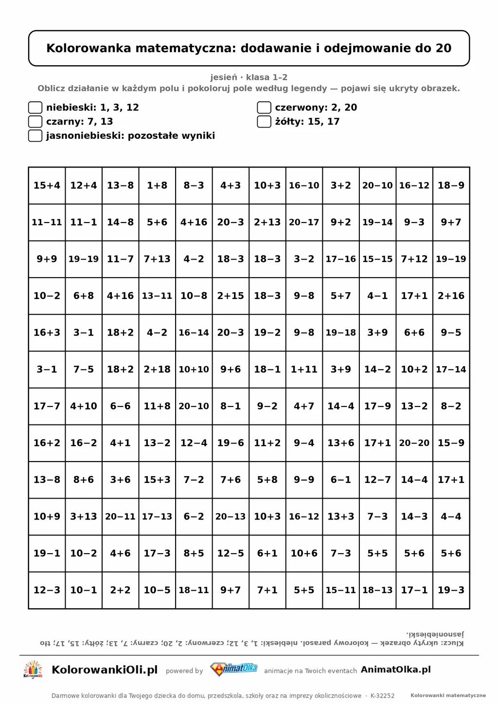 Kolorowanka matematyczna dodawanie i odejmowanie do 20 — ukryty obrazek parasol, siatka 12×12, do druku A4