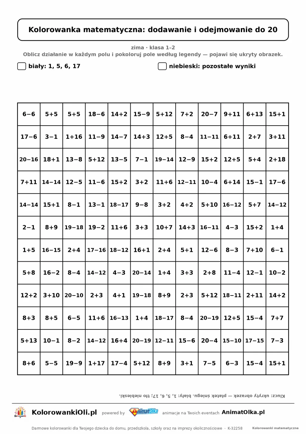 Kolorowanka matematyczna dodawanie i odejmowanie do 20 — ukryty obrazek płatek śniegu, siatka 12×12, do druku A4