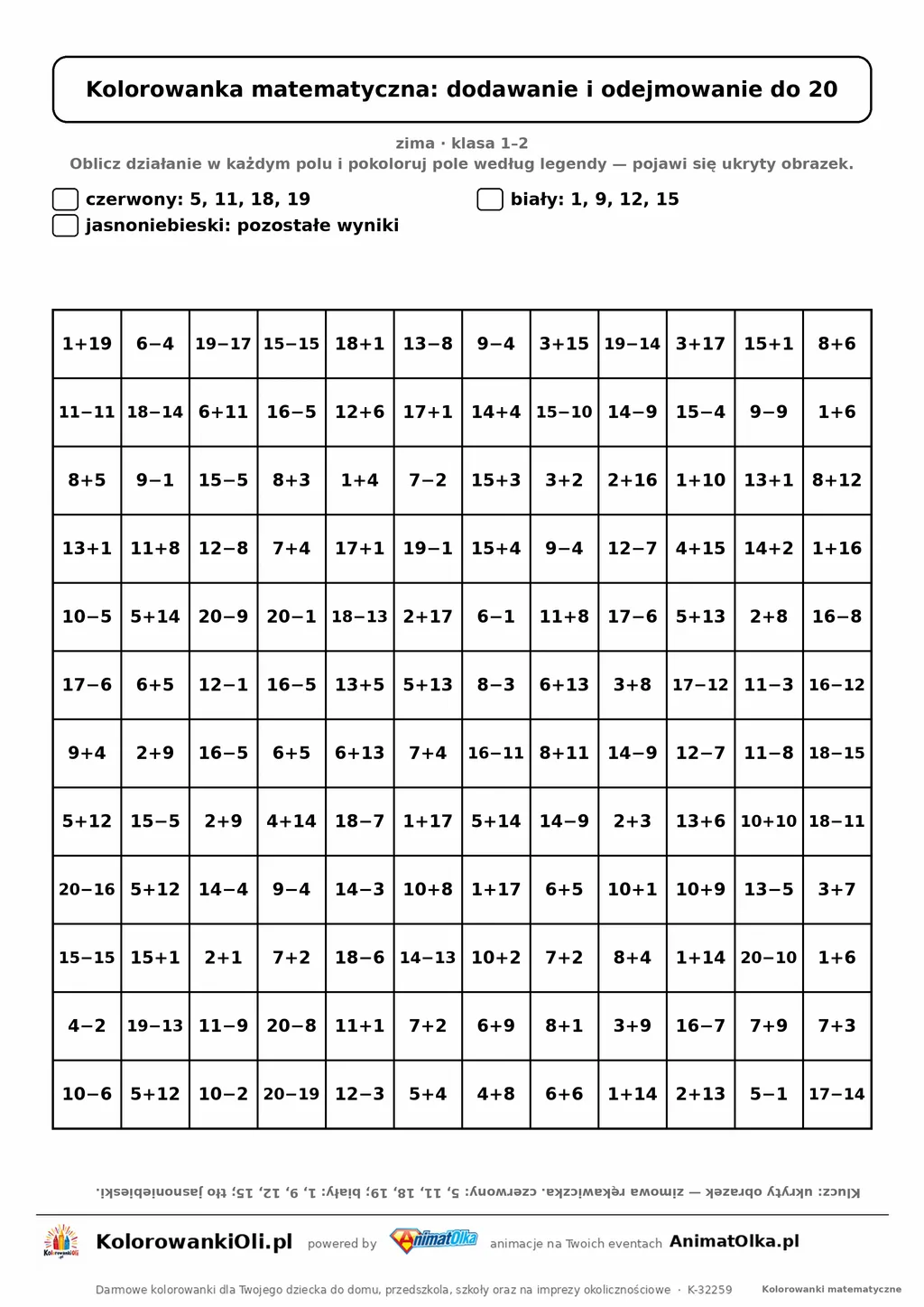 Kolorowanka matematyczna dodawanie i odejmowanie do 20 — ukryty obrazek rękawiczka, siatka 12×12, do druku A4