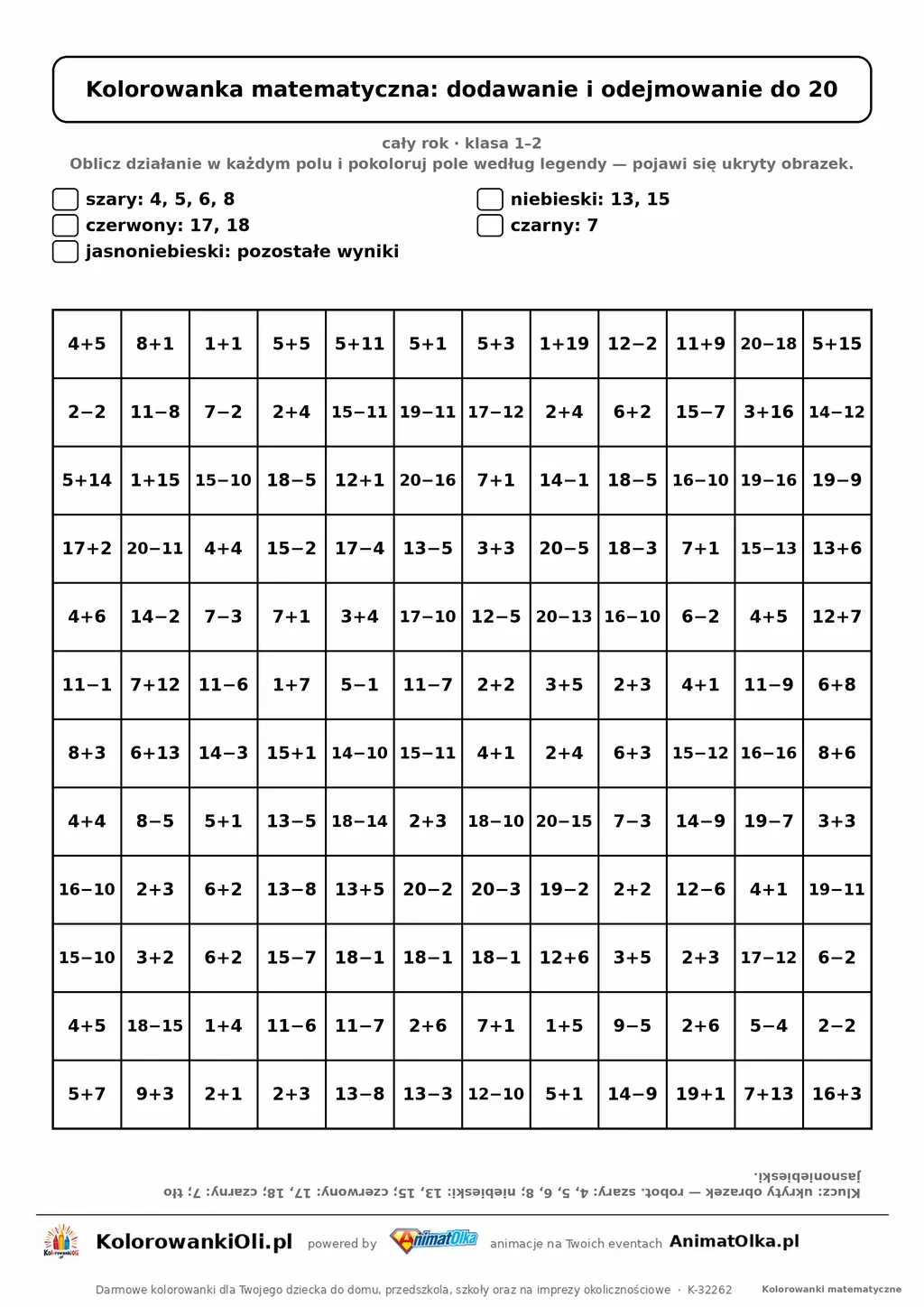 Kolorowanka matematyczna dodawanie i odejmowanie do 20 — ukryty obrazek robot, siatka 12×12, do druku A4