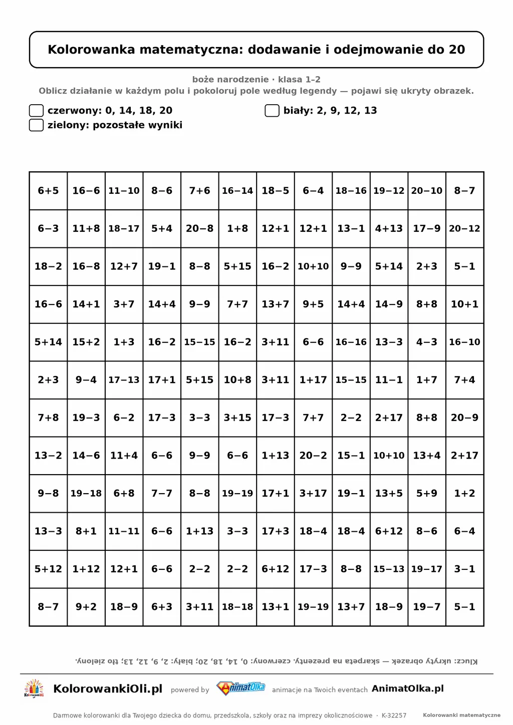 Kolorowanka matematyczna dodawanie i odejmowanie do 20 — ukryty obrazek skarpeta na prezenty, siatka 12×12, do druku A4