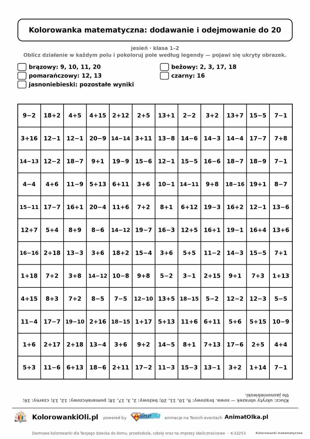 Kolorowanka matematyczna dodawanie i odejmowanie do 20 — ukryty obrazek sowa, siatka 12×12, do druku A4