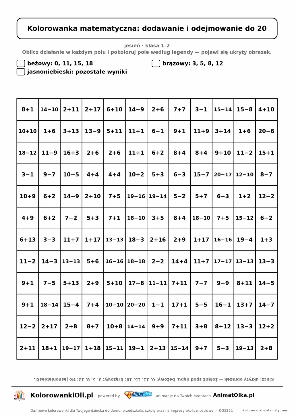 Kolorowanka matematyczna dodawanie i odejmowanie do 20 — ukryty obrazek żołądź, siatka 12×12, do druku A4
