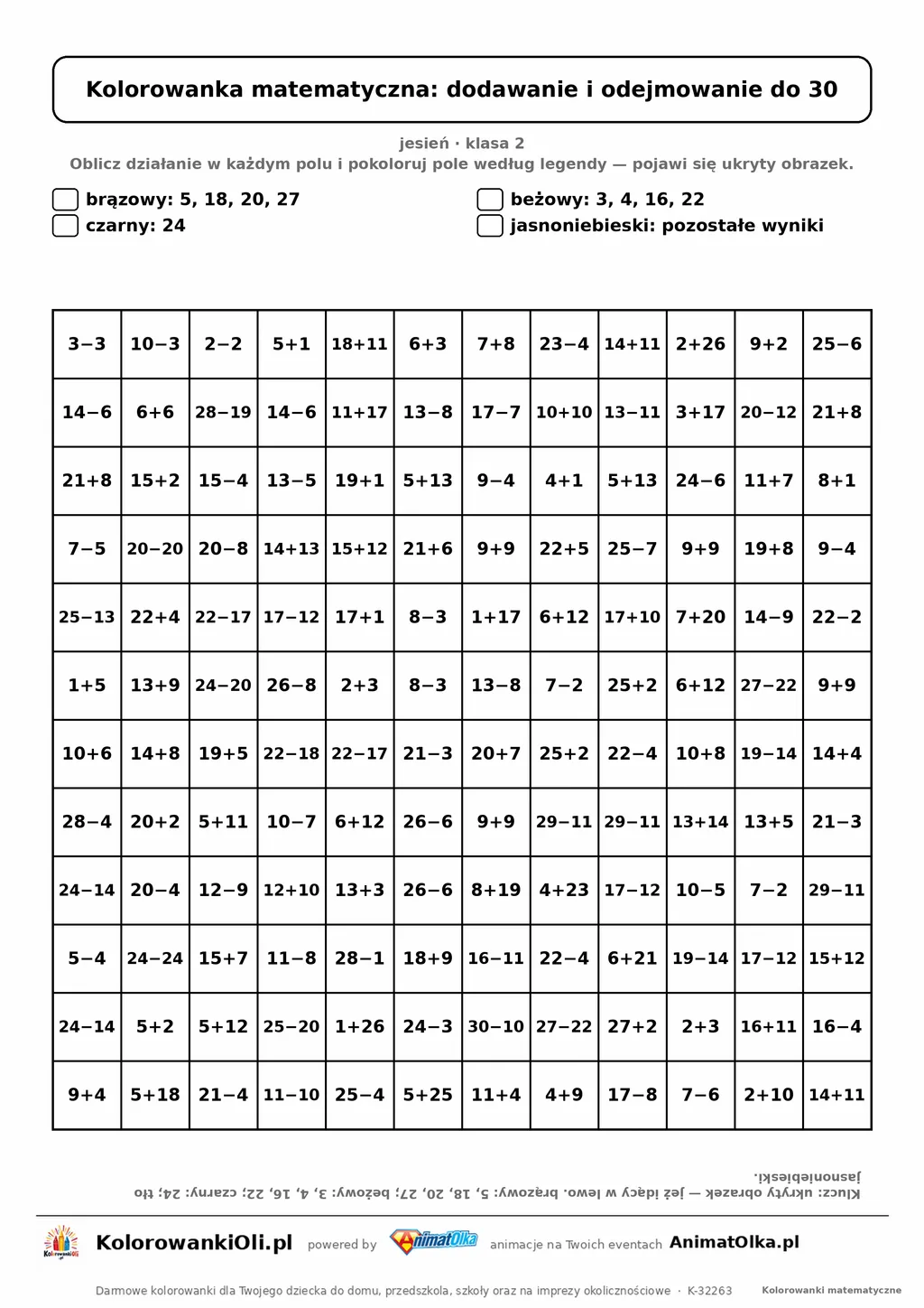 Kolorowanka matematyczna dodawanie i odejmowanie do 30 — ukryty obrazek jeż, siatka 12×12, do druku A4