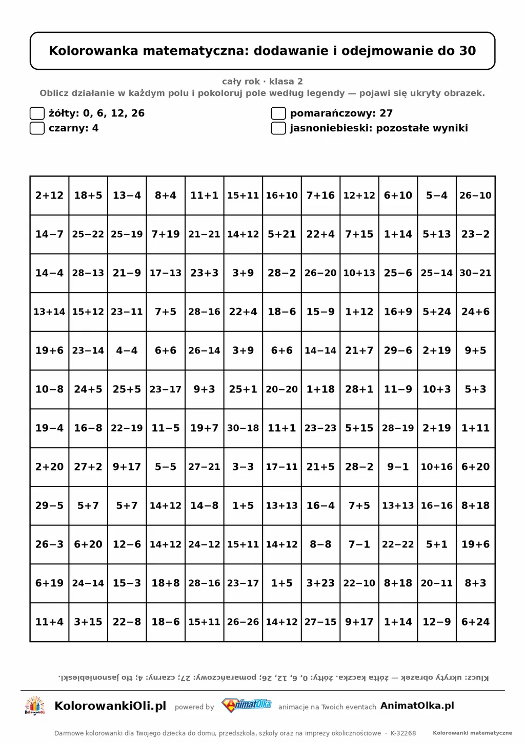 Kolorowanka matematyczna dodawanie i odejmowanie do 30 — ukryty obrazek kaczka, siatka 12×12, do druku A4