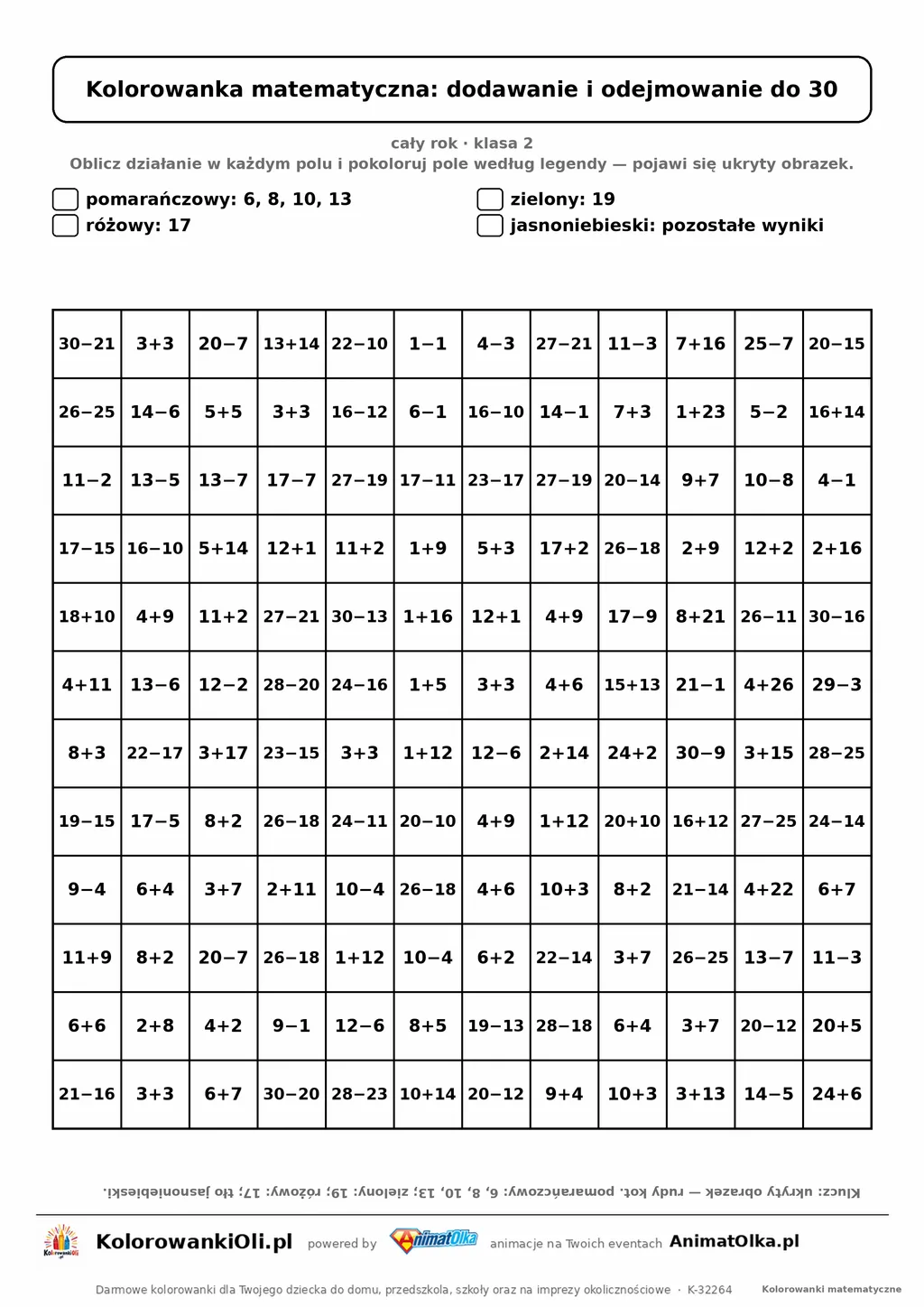 Kolorowanka matematyczna dodawanie i odejmowanie do 30 — ukryty obrazek kot, siatka 12×12, do druku A4