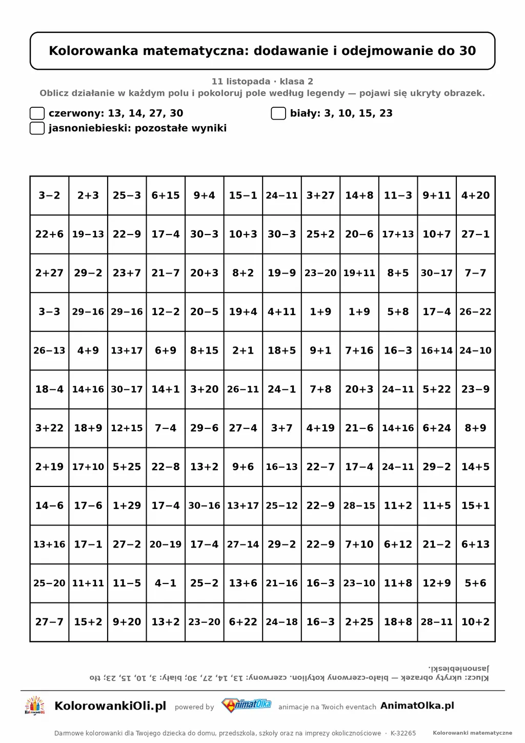 Kolorowanka matematyczna dodawanie i odejmowanie do 30 — ukryty obrazek kotylion, siatka 12×12, do druku A4