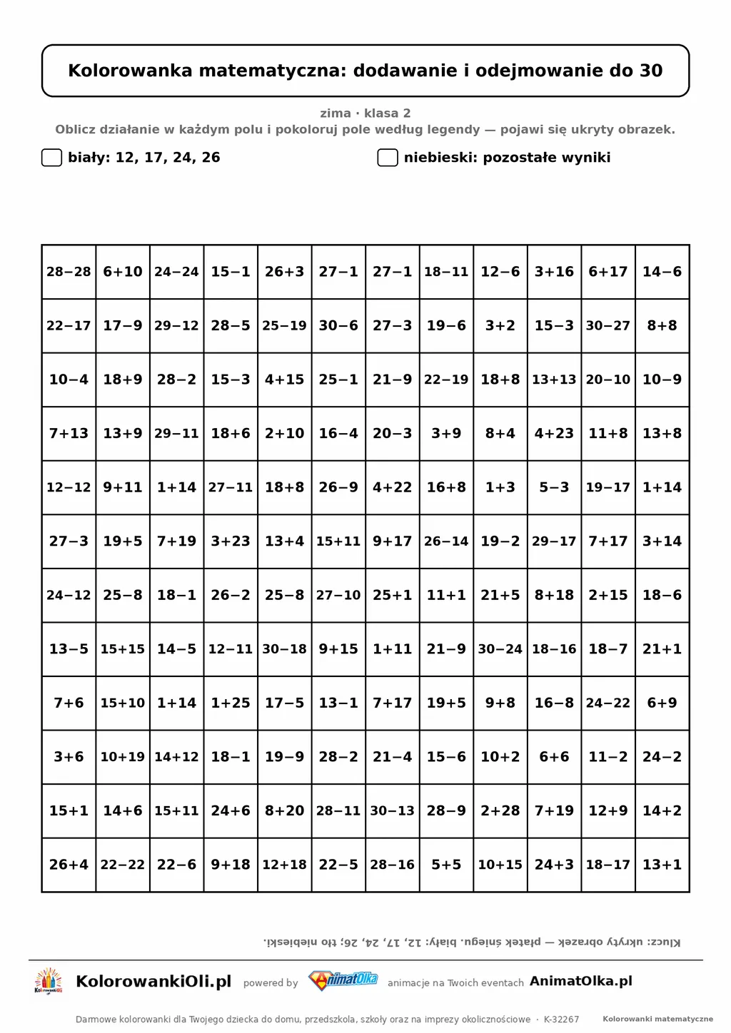 Kolorowanka matematyczna dodawanie i odejmowanie do 30 — ukryty obrazek płatek śniegu, siatka 12×12, do druku A4