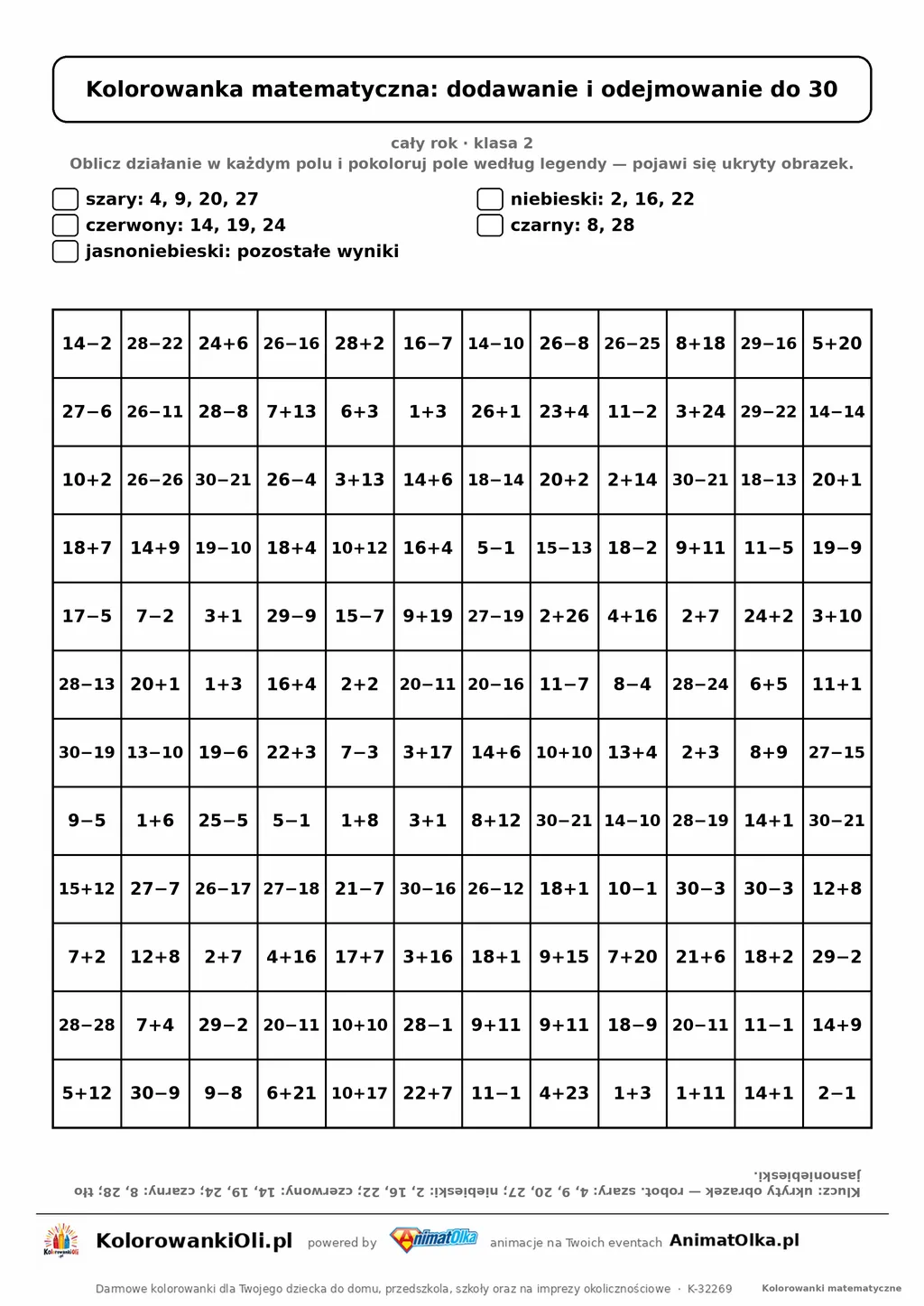 Kolorowanka matematyczna dodawanie i odejmowanie do 30 — ukryty obrazek robot, siatka 12×12, do druku A4