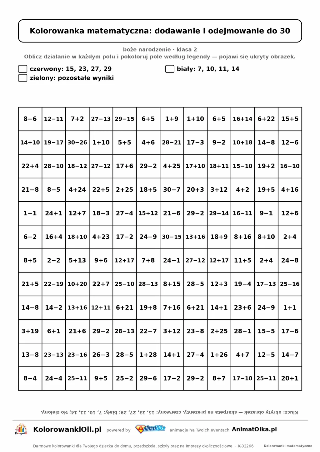 Kolorowanka matematyczna dodawanie i odejmowanie do 30 — ukryty obrazek skarpeta na prezenty, siatka 12×12, do druku A4