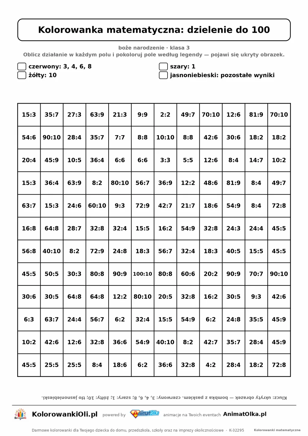 Kolorowanka matematyczna dzielenie do 100 — ukryty obrazek bombka, siatka 12×12, do druku A4