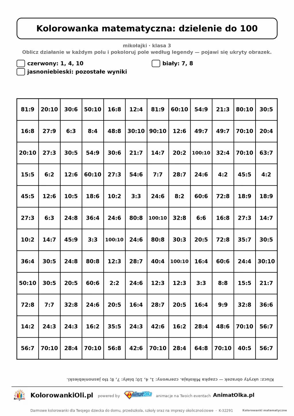 Kolorowanka matematyczna dzielenie do 100 — ukryty obrazek czapka Mikołaja, siatka 12×12, do druku A4